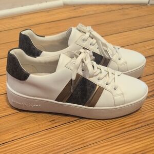 Michael Kors Poppy Brand Stripe White Brown Gold Leather Sneakers MK 7.5
